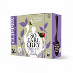 A box of Clipper Organic Earl Grey Tea, featuring a beige and purple design with illustrations of a swan, bird, bee, and white flowers. The packaging is shown at a three-quarter angle on a clean white background.
